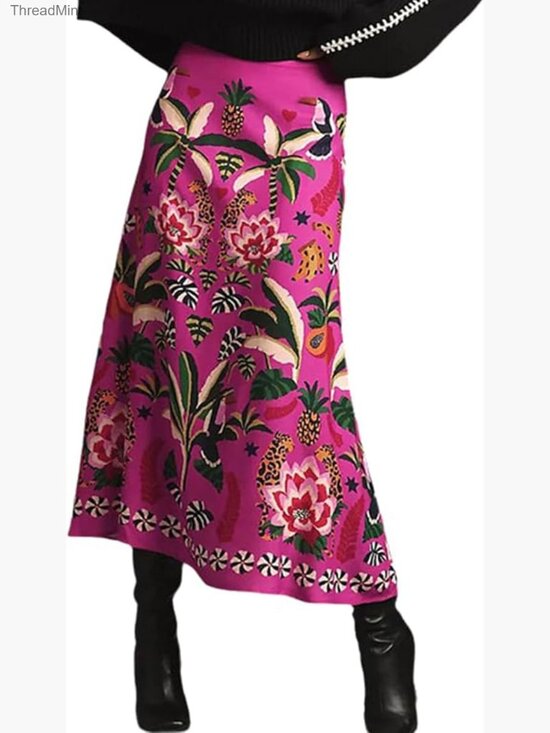 Dresses & Skirts - High Waisted A-Line Midi Skirt Tropical Floral Print Satin